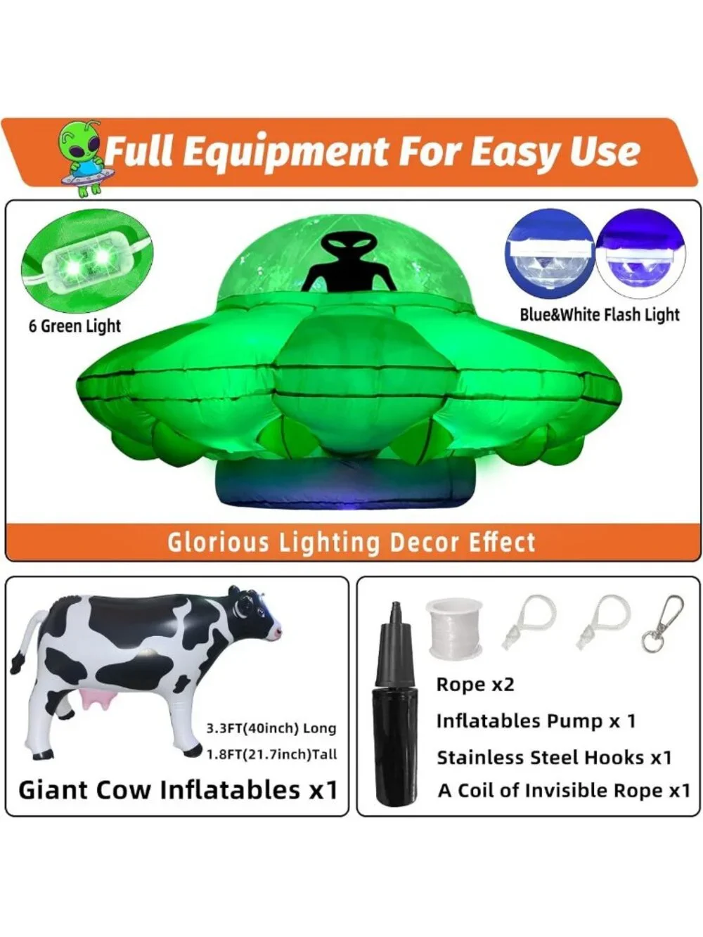 4.2FT Inflatable Alien UFO Party Decor with LED Lights - Halloween Cow Abduction